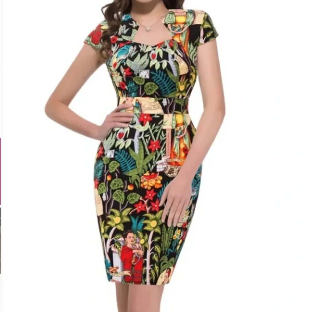 GRACE KARIN Frida Kahlo 50s Styled Cap Sleeve Pencil Wiggle Sweetheart Dress M - Picture 2 of 12